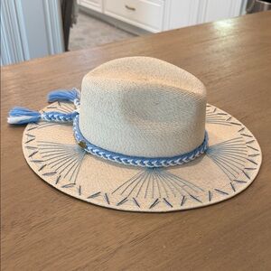 Embroidered Straw Sun Hat with Blue Braid